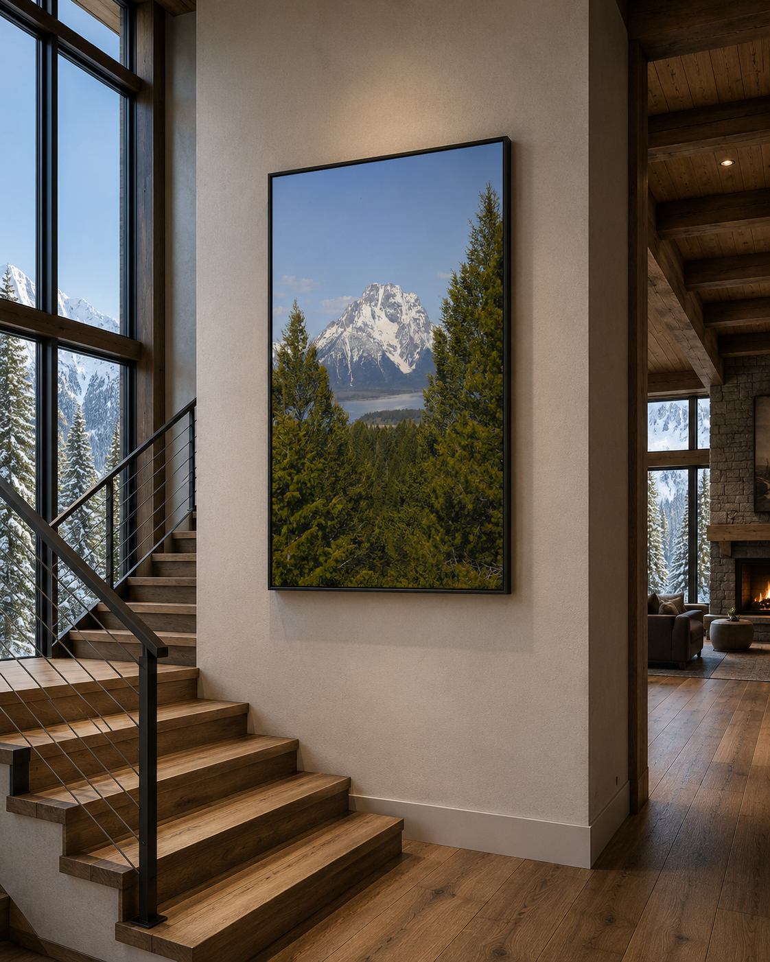 Mount Moran Grand Teton vertical landscape photography print shown as tall framed artwork in a modern home stairwell by Dan Sproul